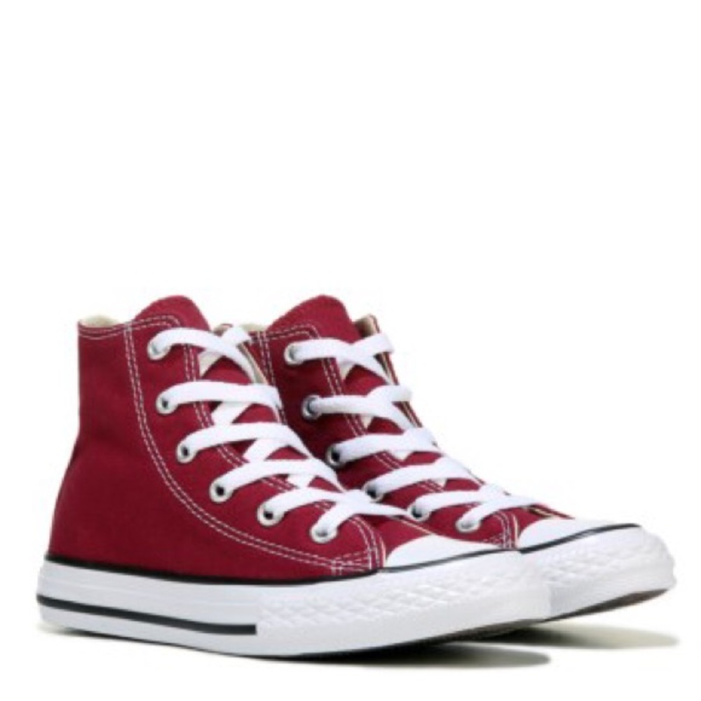 Maroon high-top converse